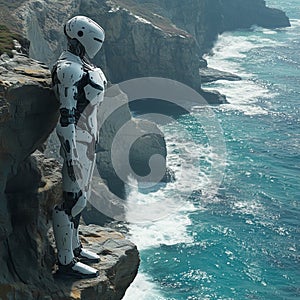 Humanoid Robot Standing on a Cliff Overlooking the Ocean, AI Generated