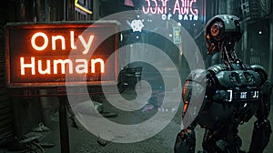 Humanoid robot stands on cyberpunk city street in front of neon sign Only Human, dark grungy alley with low light. Concept of