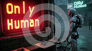 Humanoid robot stands in front of neon sign Only Human at street cafe, dark alley of cyberpunk city. Concept of dystopia,