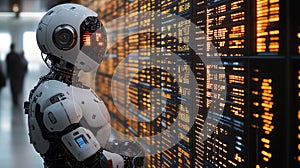 Advanced Robot Analyzing Data on Futuristic Server Wall