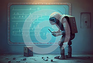 Humanoid robot student in front of a school classroom chalkboard while machine learning mathematics
