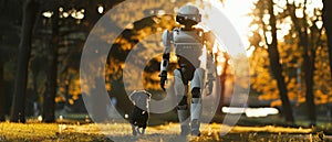 A humanoid robot takes a leisurely walk with a black dog through a park bathed in the golden light of an autumn sunset.
