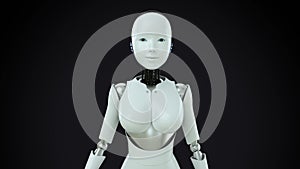 A humanoid robot talking to the camera. The girl robots speak and move like humans on the black background.3d animation with alpha