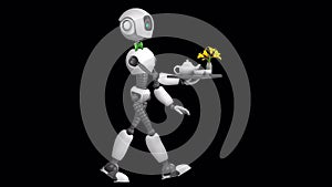 A humanoid robot waiter carries a tray of food and drinks. Looped 2D animation. Alpha channel. Isolated on transparent background.