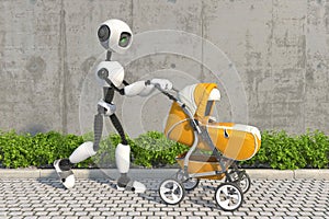 A humanoid robot walks on the street with a baby in a yellow baby stroller. Future concept with smart robotics and artificial inte