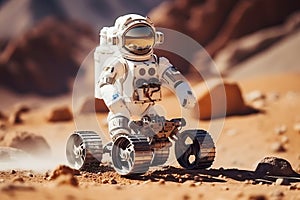 A humanoid robot on wheels explores the surface of the planet Mars