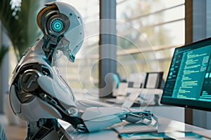 Humanoid robot worker working in an office on a computer
