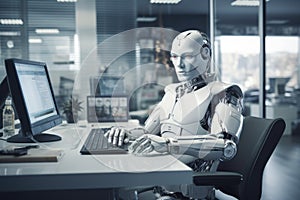 humanoid robot working at computer in office room. Working robot