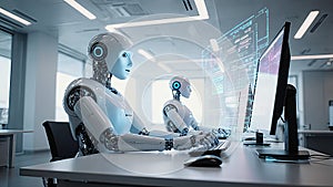 Humanoid Robot Working at Desk in Modern Office Analyzing Digital Data