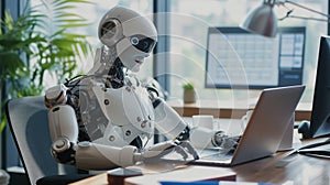 Humanoid robot working at his desk in an office engaged with his laptop and surrounded by various technology and business elements