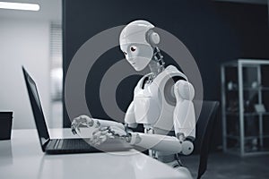 Humanoid robot working on a laptop. Artificial intelligence replaces human employees. Generative AI