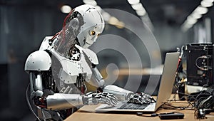 Humanoid robot working on laptop. The background is blurred