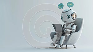 Humanoid robot working with laptop and floating icons representing multitasking photo