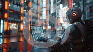 Humanoid Robot Working on a Laptop