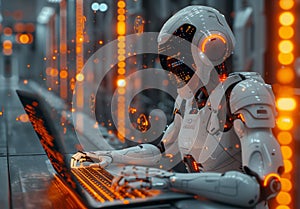 Humanoid Robot Working on a Laptop