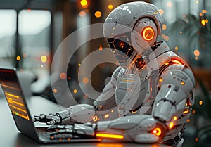 Humanoid Robot Working on a Laptop