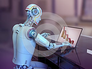 A humanoid robot working with laptop studying economy chart, conceptual 3D illustration