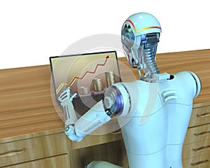 A humanoid robot working with laptop studying economy chart, conceptual 3D illustration