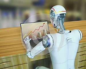 A humanoid robot working with laptop studying economy chart, conceptual 3D illustration