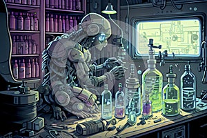Humanoid robot working in research laboratory, conceptual ai illustration. Artificial intelligence, automation of science concept