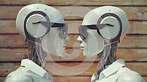 Humanoid robots facing each other wearing sunglasses