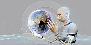 Humanoid robots for learning AI big data analytics and artificial intelligence concepts 3D illustration