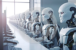 Humanoid robots sitting at table with computers and laptops