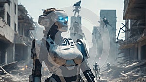 Humanoid Robots in warzone with weapons. Invasion of artificial intelligence. Apocalyptic illustration in high resolution