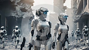 Humanoid Robots in warzone with weapons. Invasion of artificial intelligence. Apocalyptic illustration in high resolution