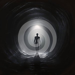 Humanoid silhouette inside a dark long tunnel