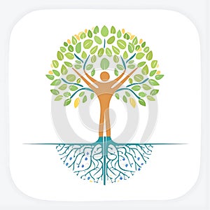 Humanoid tree with network branches and interconnected roots