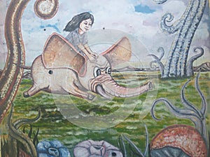 Humans and  flying elephant in wall painting