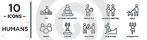 humans linear icon set. includes thin line cpr, single file, walk, showin, man in hike, gymnastics, miner icons for report,