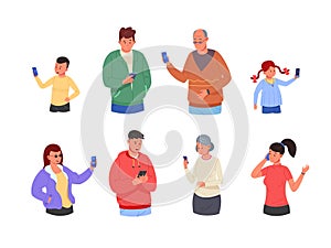 Humans looking smartphones. People using mobile phone, person social media communication, smart man talk cellphone woman