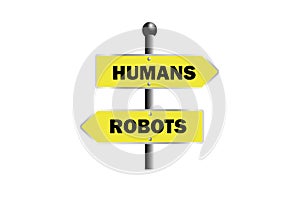 humans robots sign board yellow direction board right left