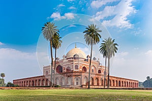 Humayun`s tomb of Mughal Emperor Humayun designed by Persian architect Mirak Mirza Ghiyas in New Delhi, India.