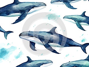 Humback whale Seamless watercolor pattern  Made With Generative AI illustration photo