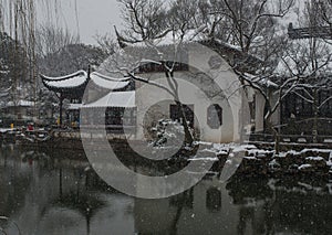 Humble Administrator`s Garden in snow, ancient suzhou, china