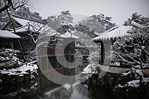 Humble Administrator`s Garden in snow, ancient suzhou, china