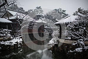 Humble Administrator`s Garden in snow, ancient suzhou, china photo