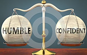 Humble and confident staying in balance - pictured as a metal scale with weights and labels humble and confident to symbolize