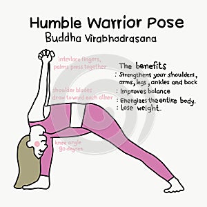 Humble Warrior yoga pose and benefits cartoon illustration
