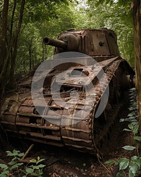A humbling sighta forgotten tank now worn and overrun by nature. Abandoned landscape. AI generation