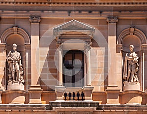 Hume and Flinders statues on Lands Department building, Sydney, Australia