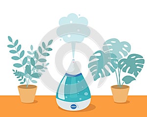 Humidifier with home plants on the table in the room. Ultrasonic device, air aromatization. Vector illustration in
