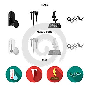 Humidity, icicles, thunderbolt, windy weather. Weather set collection icons in black, flat, monochrome style vector