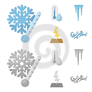 Humidity, icicles, thunderbolt, windy weather. Weather set collection icons in cartoon,monochrome style vector symbol