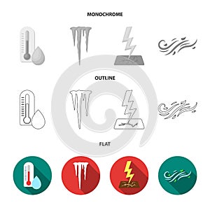 Humidity, icicles, thunderbolt, windy weather. Weather set collection icons in flat,outline,monochrome style vector