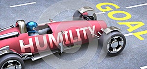 Humility helps reaching goals, pictured as a race car with a phrase Humility on a track as a metaphor of Humility playing vital