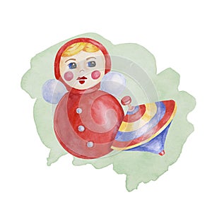Humming top toy and roly-poly. Red tumbler doll and retro whirligig play objects clipart. Watercolor illustration for